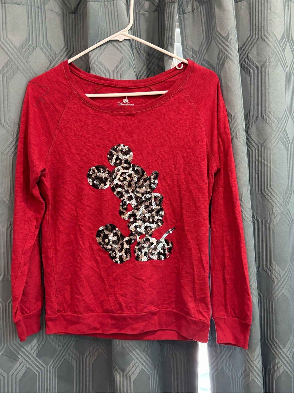Disney Parks Women’s Boat Neck Long Sleeve Red Shirt With Sequin Mickey